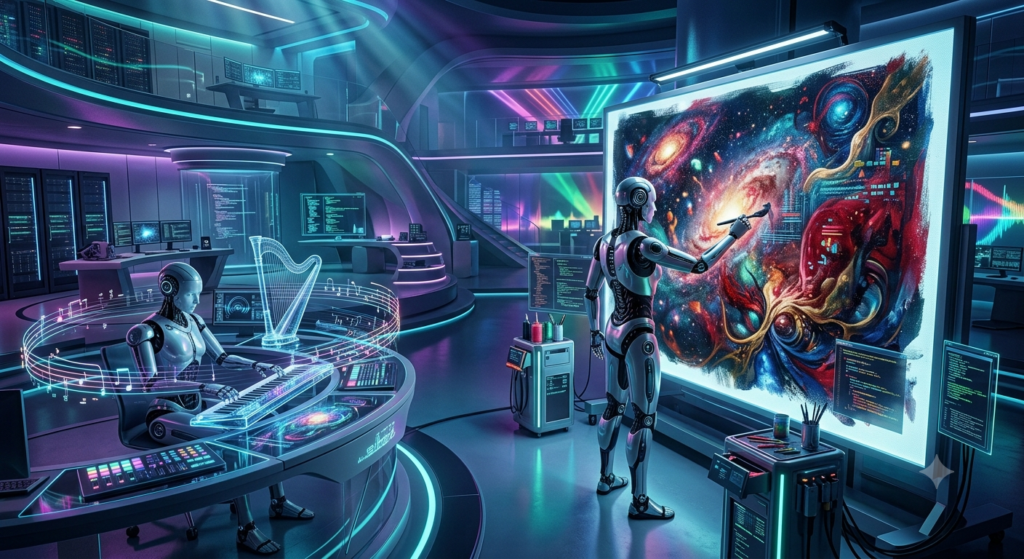 Humanoid AI robots creating digital artwork and music inside a futuristic creative innovation laboratory.