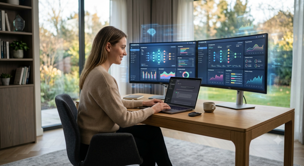Young American professional using ChatGPT AI on a modern laptop in a futuristic home office.