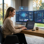 Young American professional using ChatGPT AI on a modern laptop in a futuristic home office.