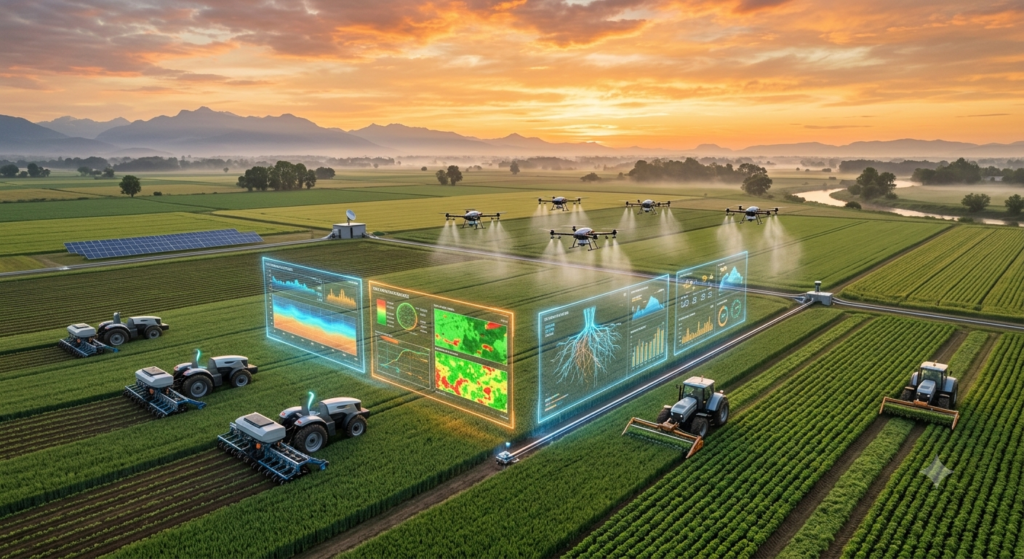 AI-powered autonomous tractors and drones managing crops on a futuristic smart farm.