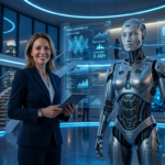 Modern professional using multiple AI tools in a futuristic smart office workspace.