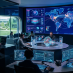AI-powered cybersecurity system monitoring global cyber threats inside a futuristic security operations center.