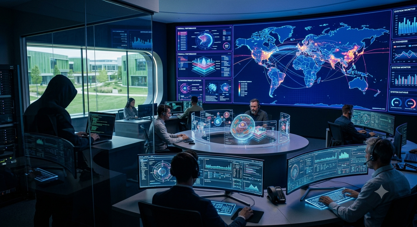 AI-powered cybersecurity system monitoring global cyber threats inside a futuristic security operations center.