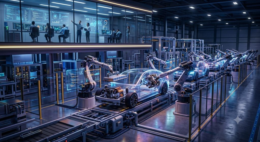 AI-powered robotic arms assembling electric vehicles inside a futuristic smart factory.