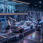 AI-powered robotic arms assembling electric vehicles inside a futuristic smart factory.