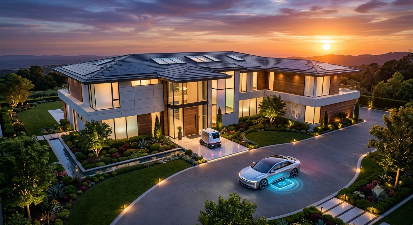 Luxury smart home with AI-powered automation controlling lights, security, and household devices.