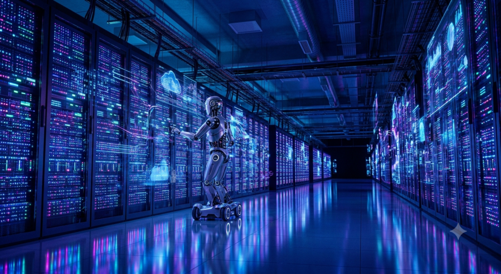 Autonomous AI robot managing advanced servers inside a futuristic artificial intelligence data center.