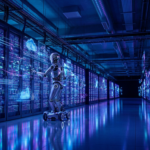 Autonomous AI robot managing advanced servers inside a futuristic artificial intelligence data center.