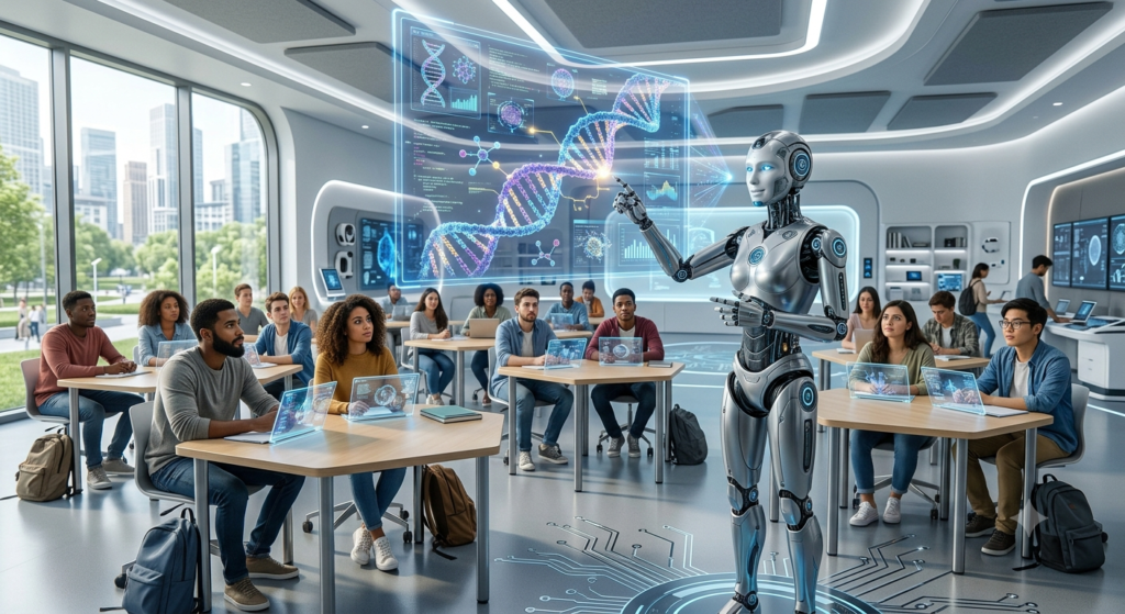 AI-powered robotic teacher explaining lessons to university students inside a futuristic smart classroom.