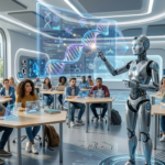AI-powered robotic teacher explaining lessons to university students inside a futuristic smart classroom.