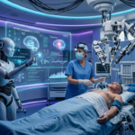 AI-powered medical robot assisting doctors inside a futuristic smart hospital.