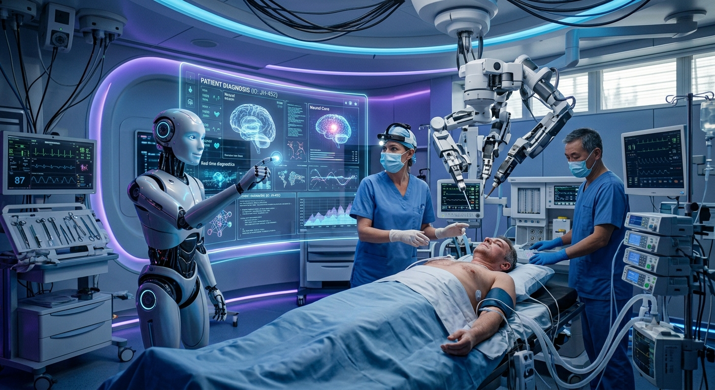 AI-powered medical robot assisting doctors inside a futuristic smart hospital.